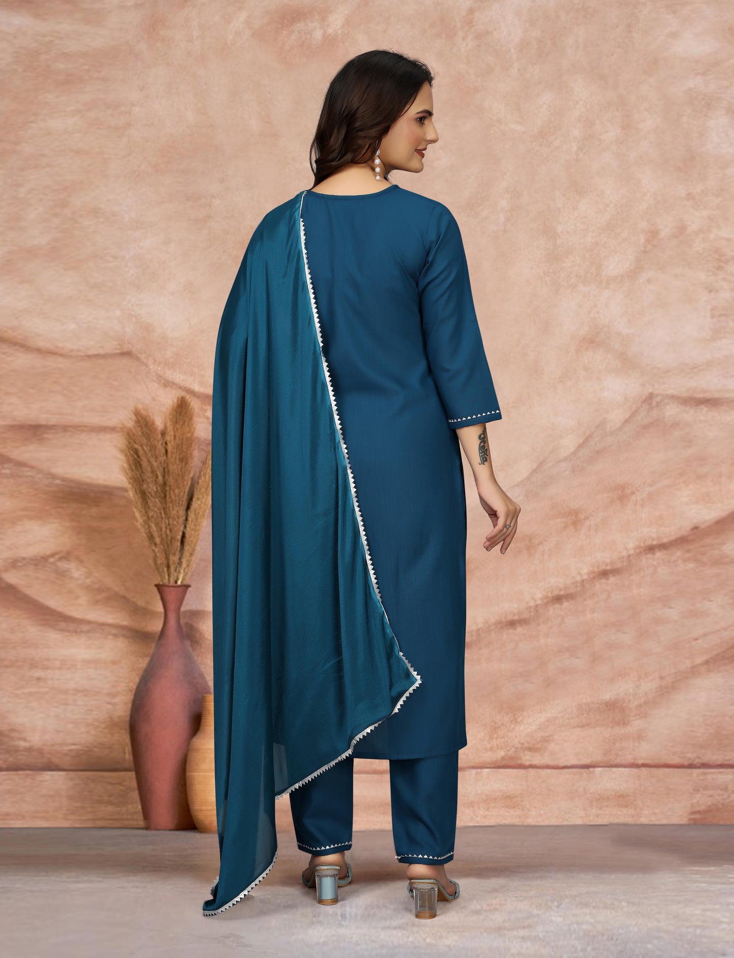 Women's Embroidered Cottan Blend Kurti With Pant & Dupatta Set-Minimum Qty -10 Pic