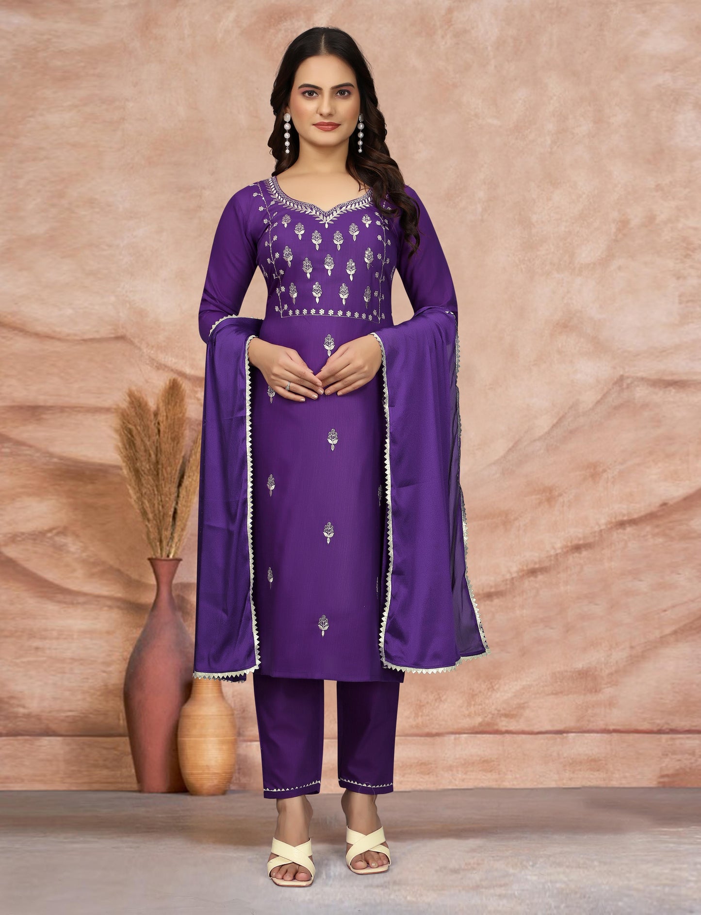 Women's Embroidered Cottan Blend Kurti With Pant & Dupatta Set-Minimum Qty -10 Pic