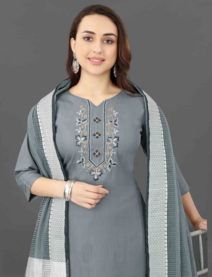 Women's Embroidered Cottan Blend Kurti With Pant & Dupatta Set-Minimum Qty -10 Pic