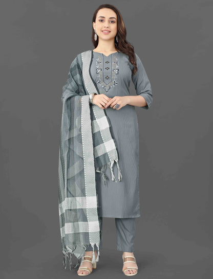 Women's Embroidered Cottan Blend Kurti With Pant & Dupatta Set-Minimum Qty -10 Pic