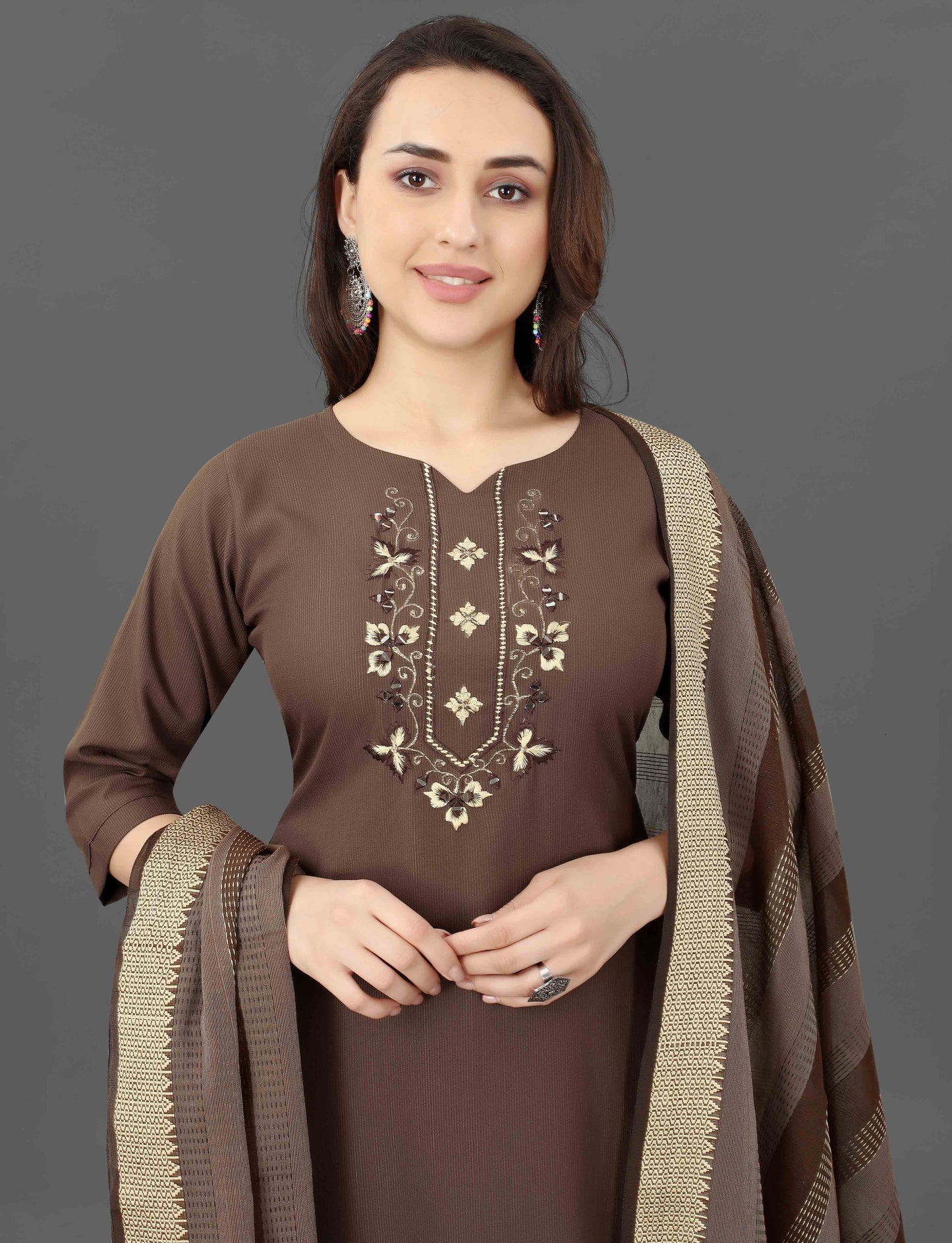 Women's Embroidered Cottan Blend Kurti With Pant & Dupatta Set