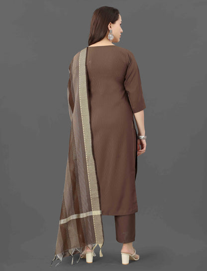 Women's Embroidered Cottan Blend Kurti With Pant & Dupatta Set