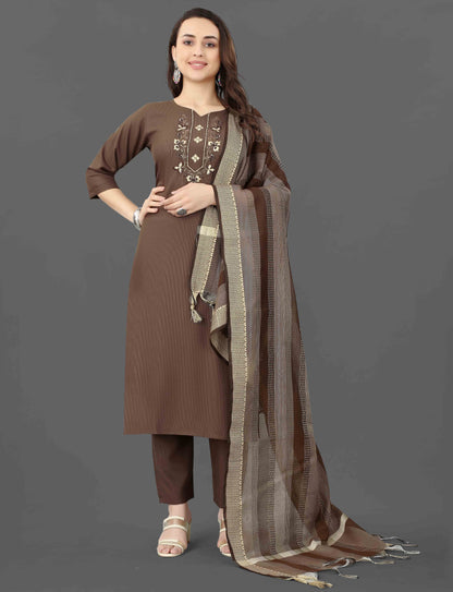 Women's Embroidered Cottan Blend Kurti With Pant & Dupatta Set