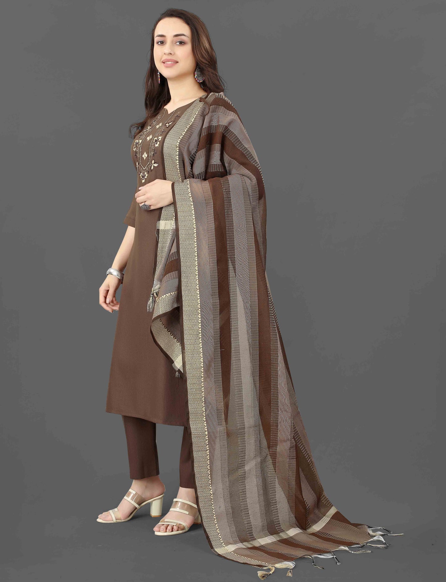 Women's Embroidered Cottan Blend Kurti With Pant & Dupatta Set