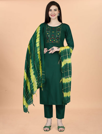 Women's Embroidered Cottan Blend Kurti With Pant & Chanderi Dupatta Set-Minimum Qty -10 Pic