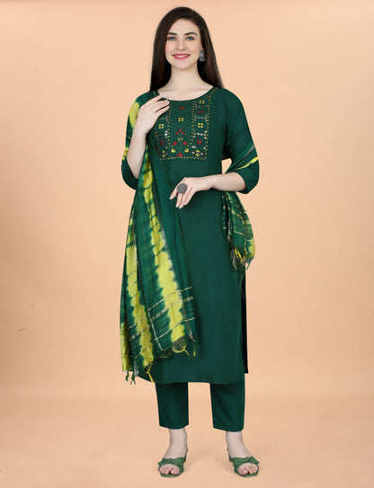 Women's Embroidered Cottan Blend Kurti With Pant & Chanderi Dupatta Set-Minimum Qty -10 Pic
