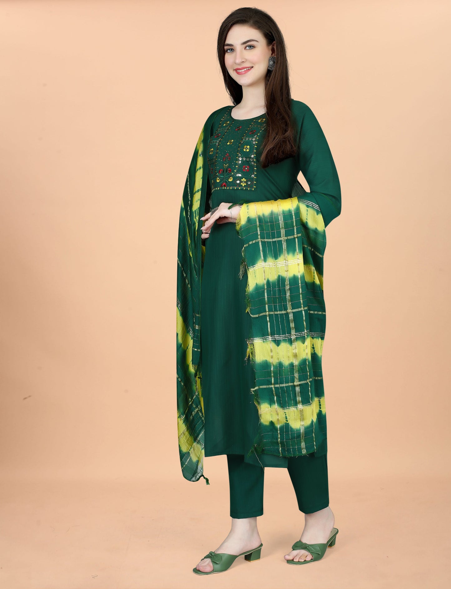 Women's Embroidered Cottan Blend Kurti With Pant & Chanderi Dupatta Set-Minimum Qty -10 Pic