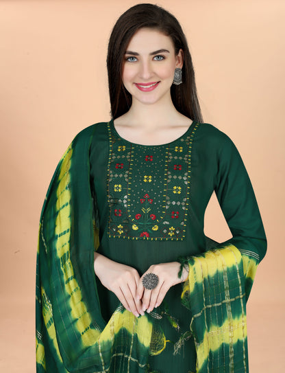 Women's Embroidered Cottan Blend Kurti With Pant & Chanderi Dupatta Set-Minimum Qty -10 Pic