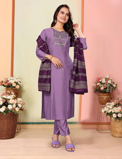 Women's Embroidered Silk Kurti With Pant & Chanderi Dupatta Set-Minimum Qty -10 Pic