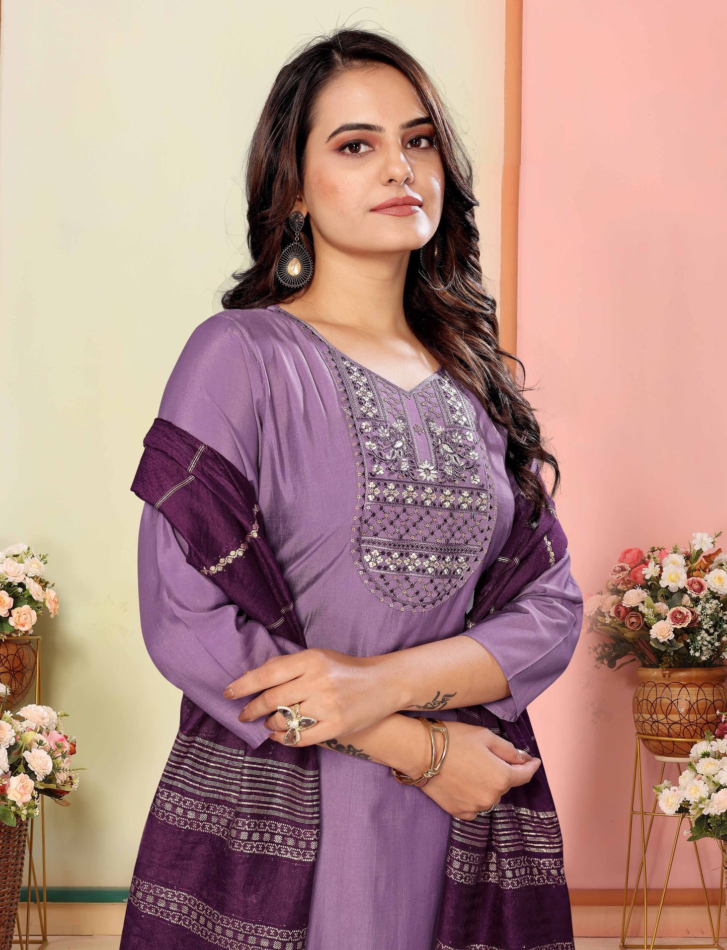 Women's Embroidered Silk Kurti With Pant & Chanderi Dupatta Set-Minimum Qty -10 Pic