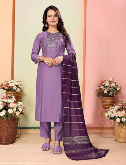 Women's Embroidered Silk Kurti With Pant & Chanderi Dupatta Set-Minimum Qty -10 Pic