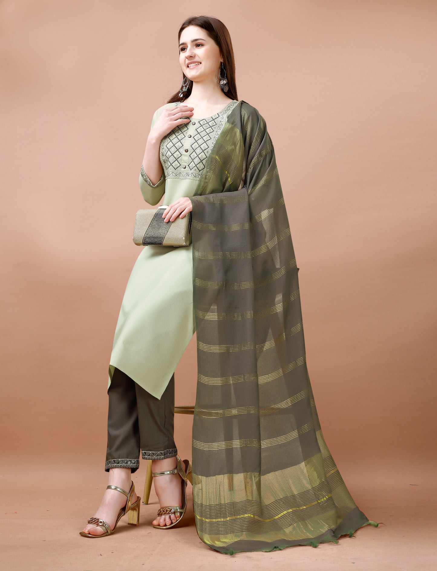 Women's Embroidered Cottan Blend Kurti With Pant & Chanderi Dupatta Set