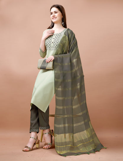 Women's Embroidered Cottan Blend Kurti With Pant & Chanderi Dupatta Set