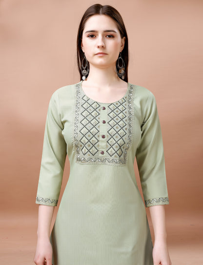 Women's Embroidered Cottan Blend Kurti With Pant & Chanderi Dupatta Set
