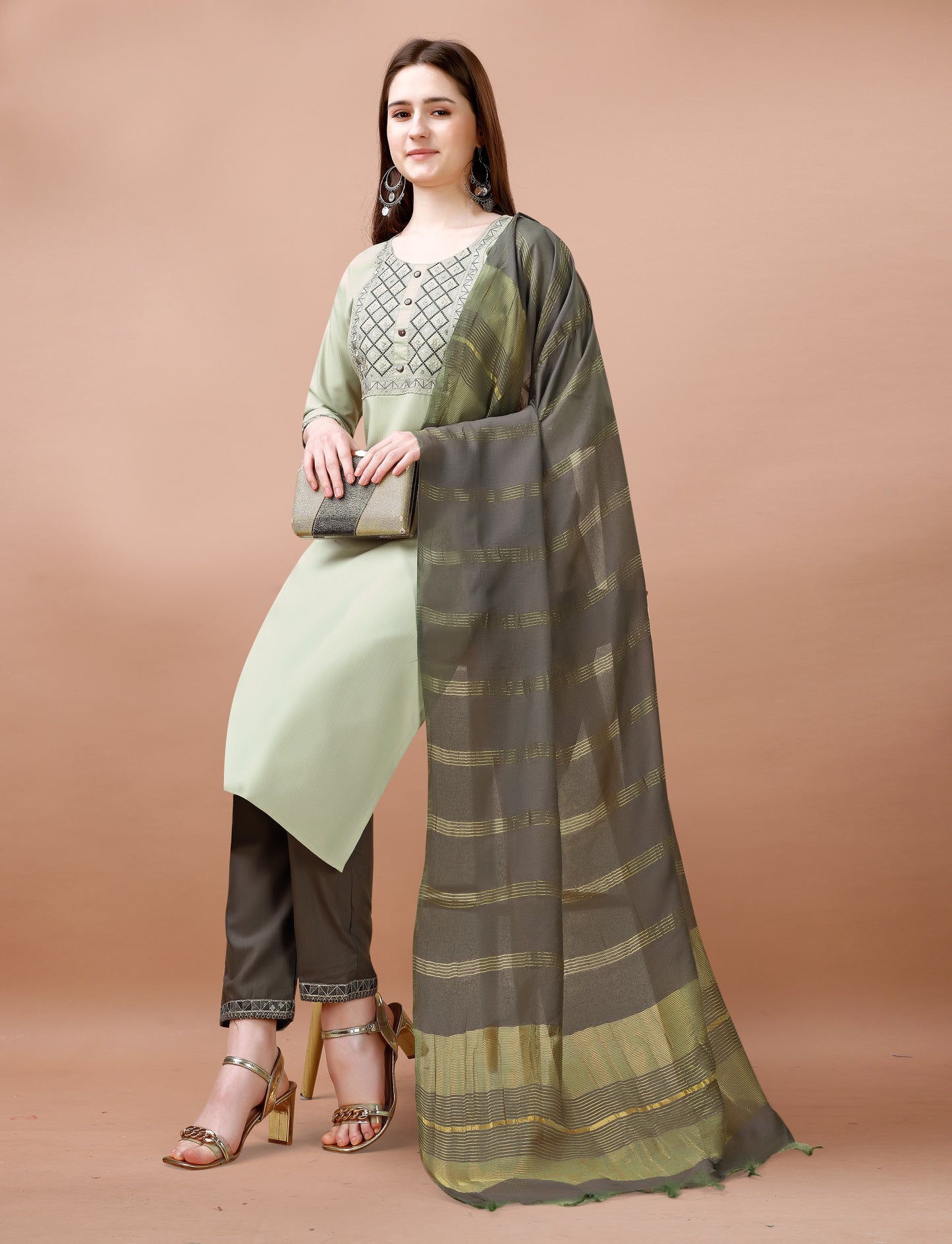 Women's Embroidered Cottan Blend Kurti With Pant & Chanderi Dupatta Set