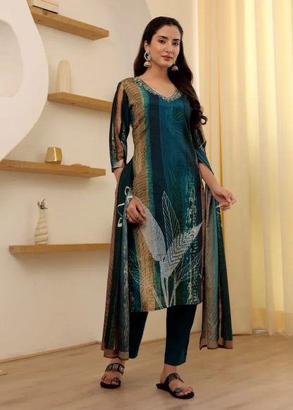 Women's Rayon Slub Embroidered Kurta with Rayon Slub Pant And Chanderi Dupatta Sets-Minimum Qty -10 Pic