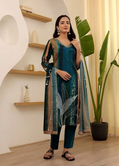 Women's Rayon Slub Embroidered Kurta with Rayon Slub Pant And Chanderi Dupatta Sets-Minimum Qty -10 Pic