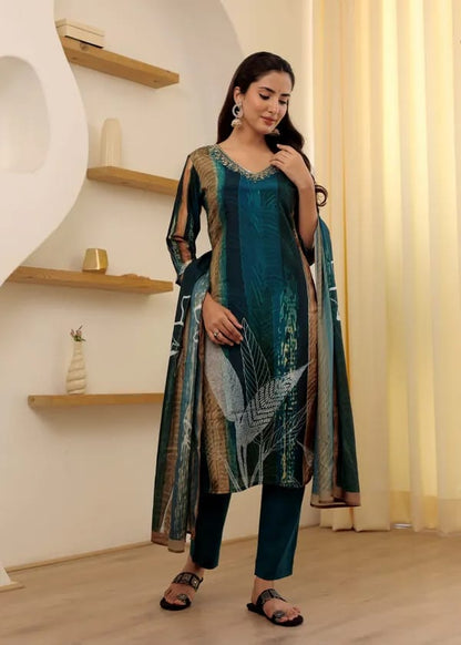 Women's Rayon Slub Embroidered Kurta with Rayon Slub Pant And Chanderi Dupatta Sets-Minimum Qty -10 Pic