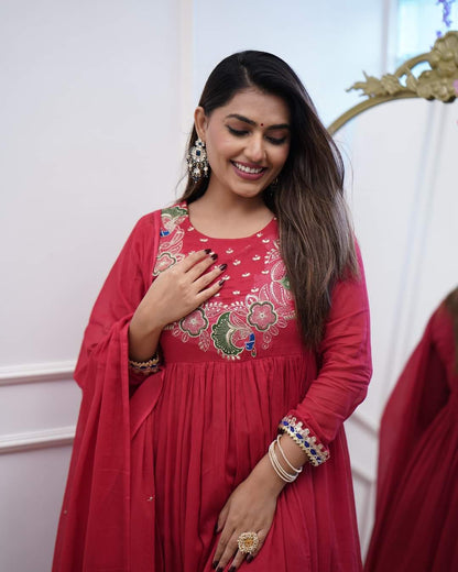Women's Chinnon Embroidered Kurta with Chinnon Pant And Chanderi Dupatta Sets