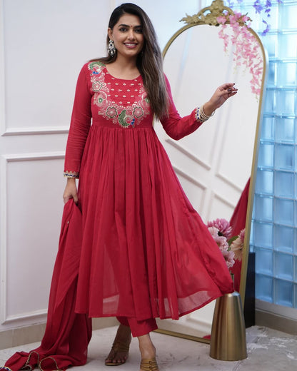 Women's Chinnon Embroidered Kurta with Chinnon Pant And Chanderi Dupatta Sets