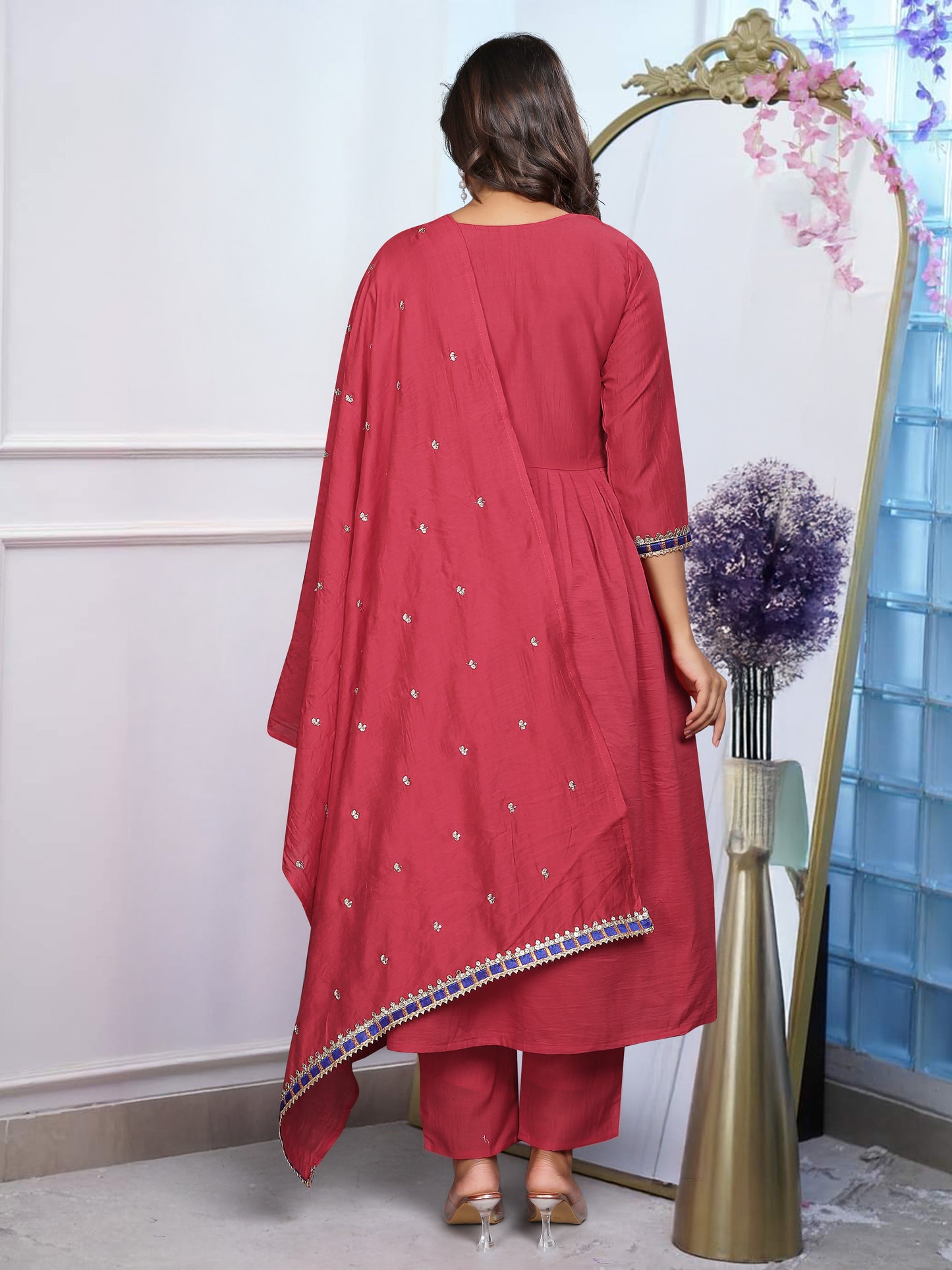 Women's Chinnon Embroidered Kurta with Chinnon Pant And Chanderi Dupatta Sets