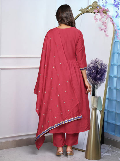Women's Chinnon Embroidered Kurta with Chinnon Pant And Chanderi Dupatta Sets