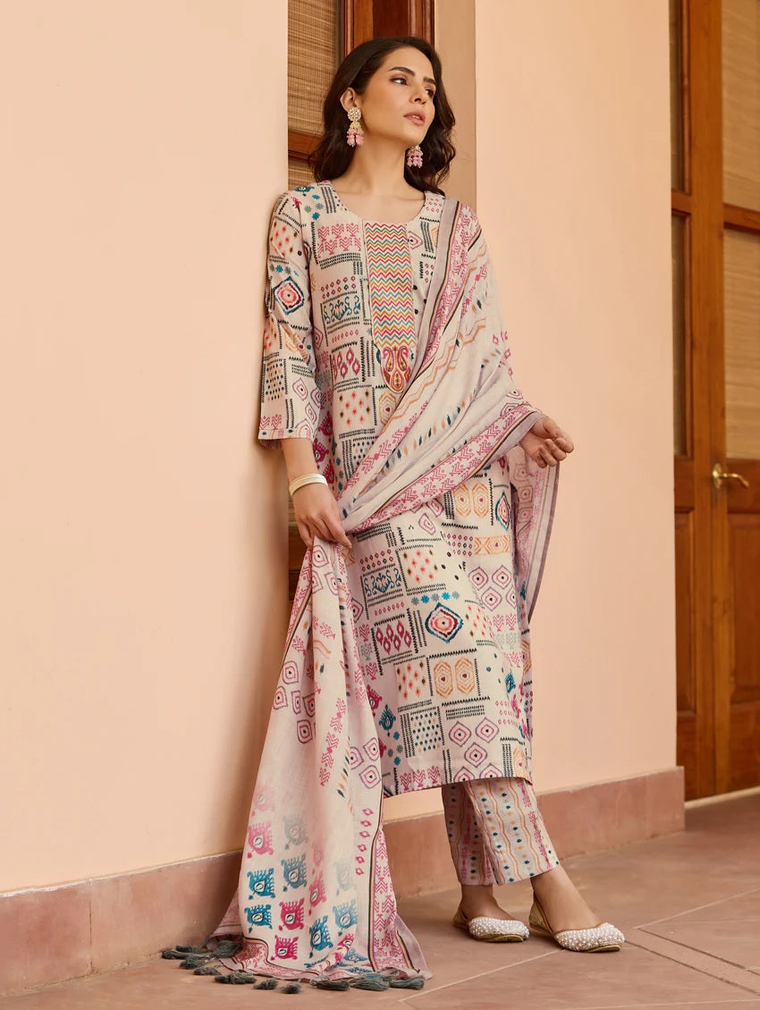 Women's Cotton Embroidered Kurta with Pant And Chanderi Dupatta Sets