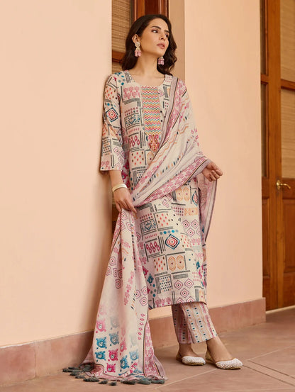 Women's Cotton Embroidered Kurta with Pant And Chanderi Dupatta Sets