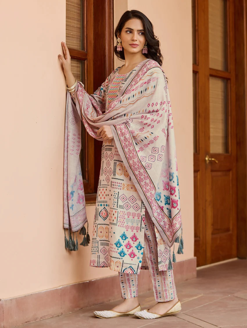 Women's Cotton Embroidered Kurta with Pant And Chanderi Dupatta Sets