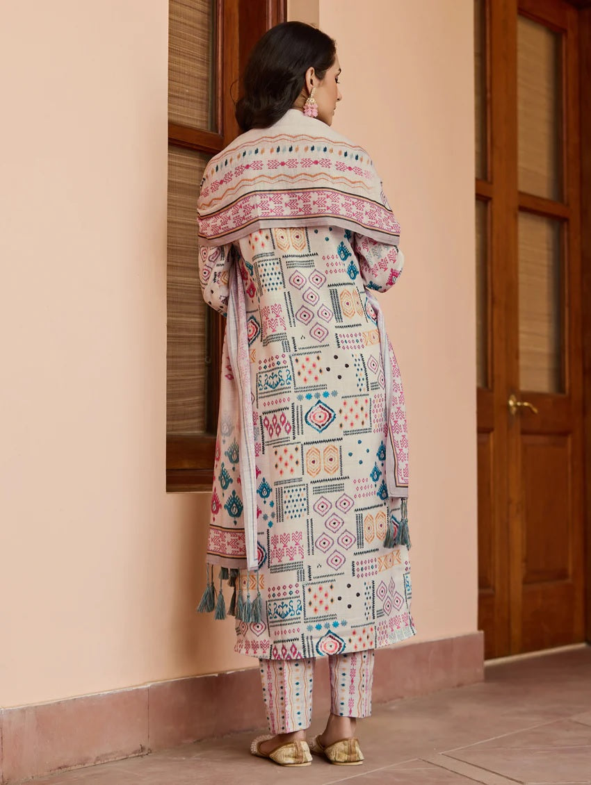 Women's Cotton Embroidered Kurta with Pant And Chanderi Dupatta Sets