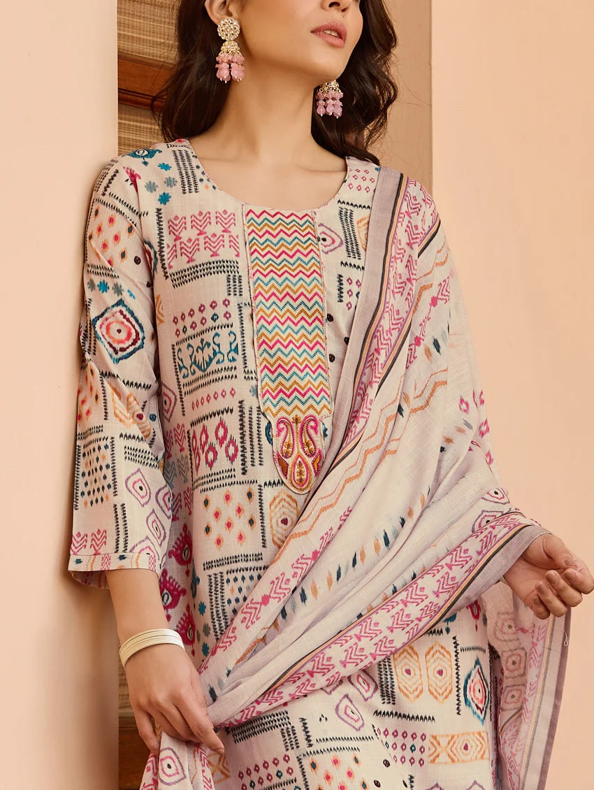Women's Cotton Embroidered Kurta with Pant And Chanderi Dupatta Sets