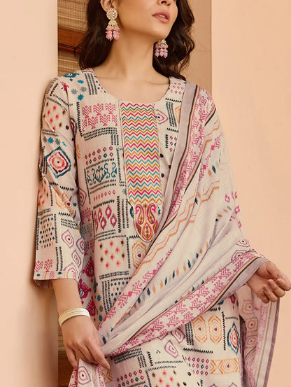 Women's Cotton Embroidered Kurta with Pant And Chanderi Dupatta Sets