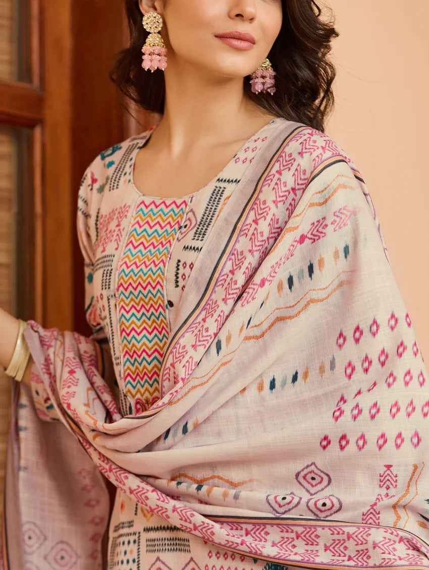 Women's Cotton Embroidered Kurta with Pant And Chanderi Dupatta Sets