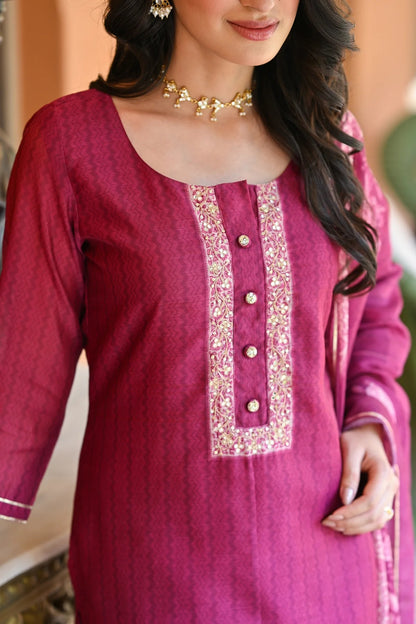 Women's Rayon Slub Embroidered Kurta with Cotton Slub Pant And Chanderi Dupatta Sets