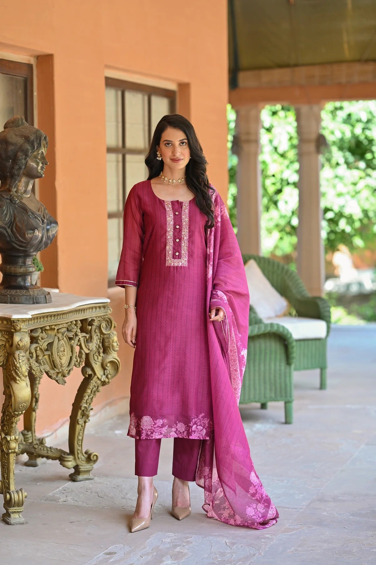 Women's Rayon Slub Embroidered Kurta with Cotton Slub Pant And Chanderi Dupatta Sets