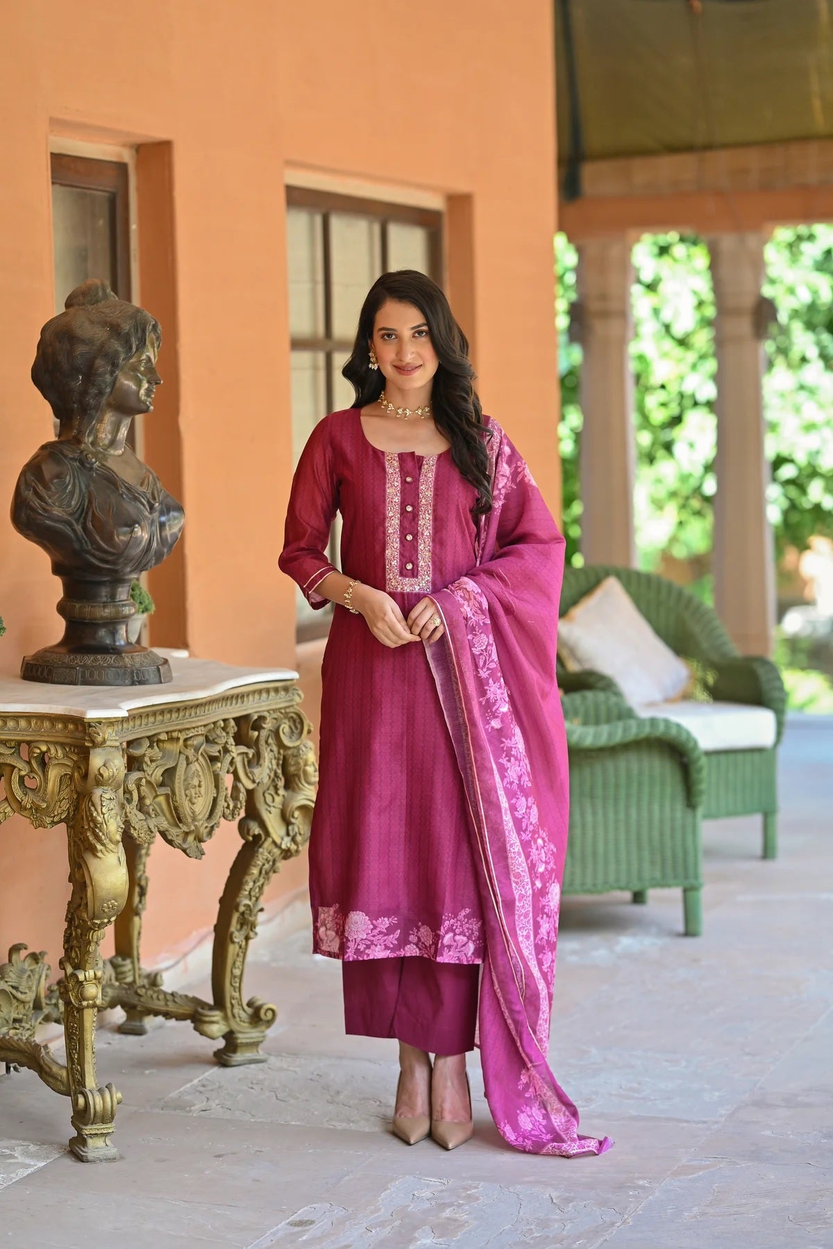 Women's Rayon Slub Embroidered Kurta with Cotton Slub Pant And Chanderi Dupatta Sets