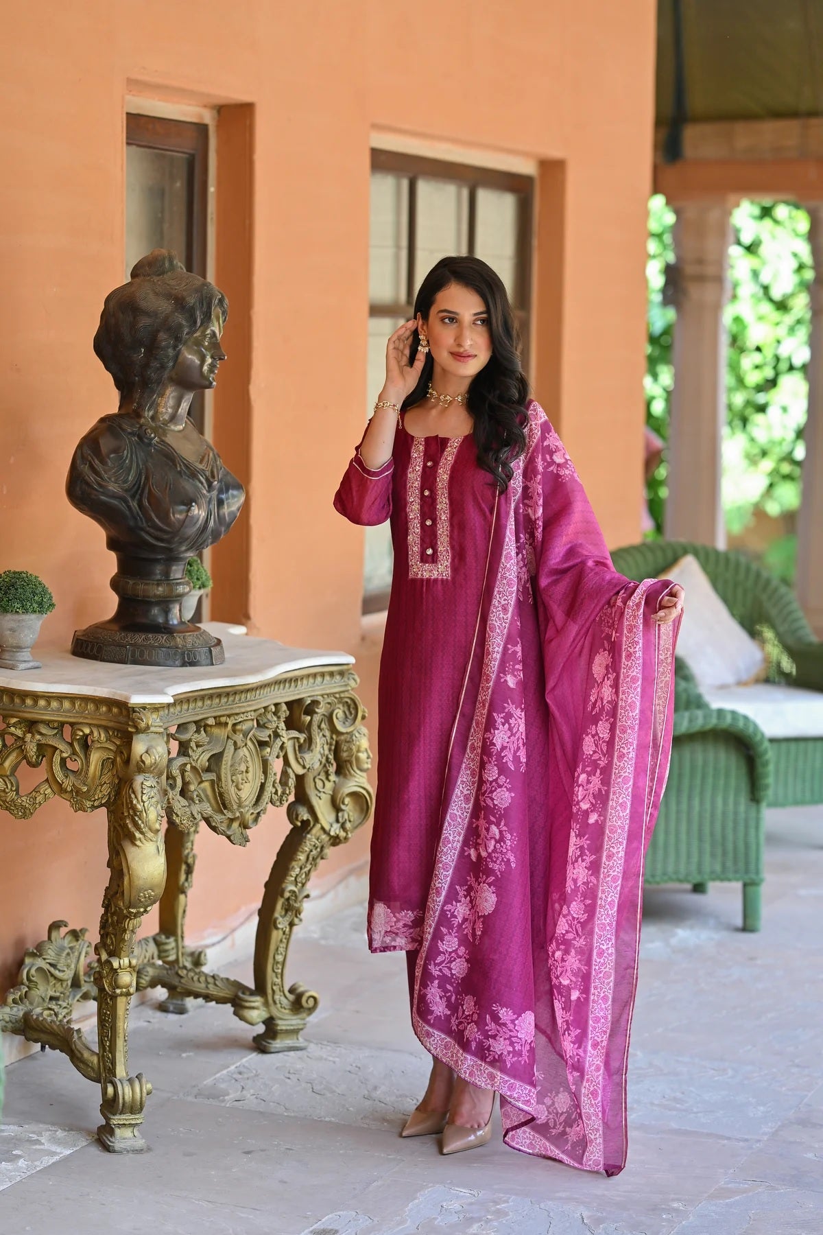 Women's Rayon Slub Embroidered Kurta with Cotton Slub Pant And Chanderi Dupatta Sets