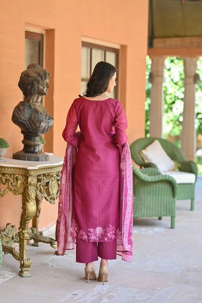 Women's Rayon Slub Embroidered Kurta with Cotton Slub Pant And Chanderi Dupatta Sets