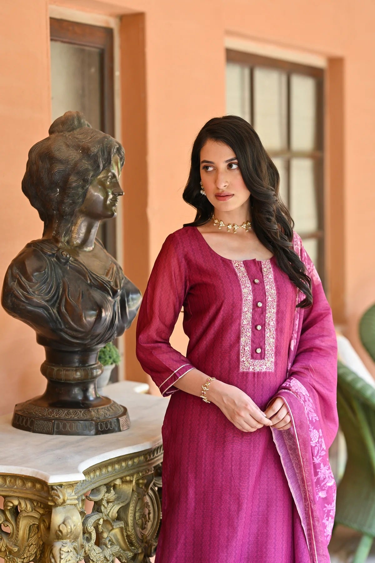 Women's Rayon Slub Embroidered Kurta with Cotton Slub Pant And Chanderi Dupatta Sets
