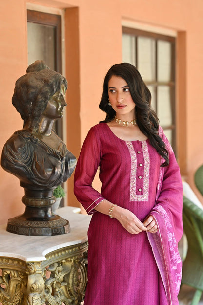 Women's Rayon Slub Embroidered Kurta with Cotton Slub Pant And Chanderi Dupatta Sets