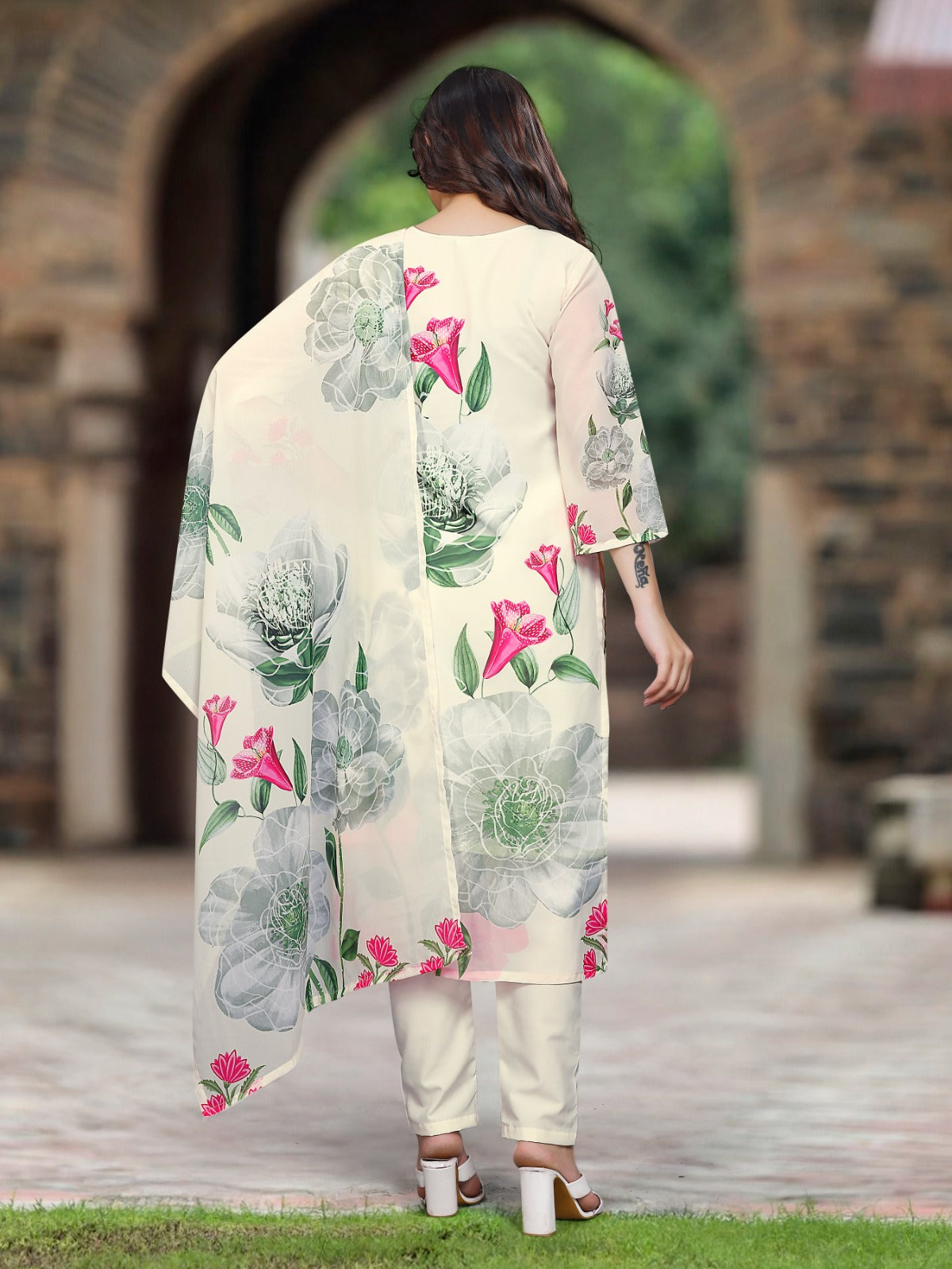 Women's Georgette Embroidered Kurta with Roman Silk Pant And Georgette Dupatta Sets