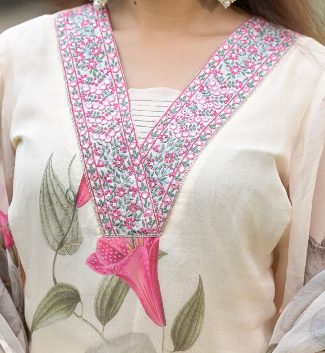 Women's Georgette Embroidered Kurta with Roman Silk Pant And Georgette Dupatta Sets