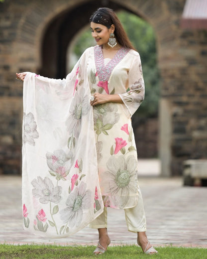 Women's Georgette Embroidered Kurta with Roman Silk Pant And Georgette Dupatta Sets