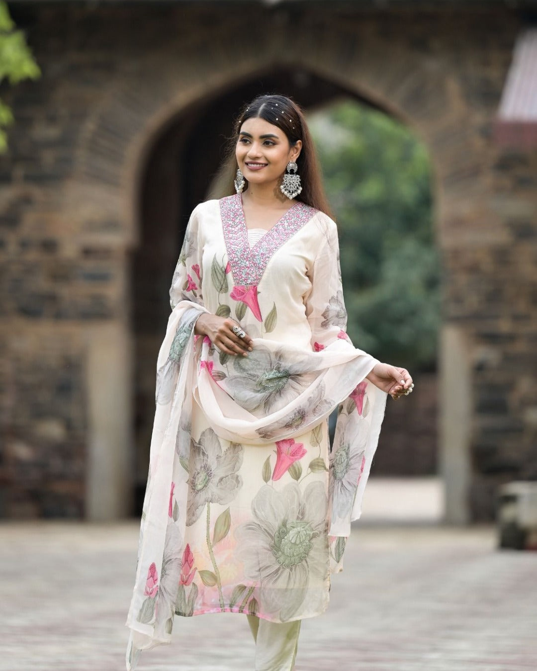 Women's Georgette Embroidered Kurta with Roman Silk Pant And Georgette Dupatta Sets