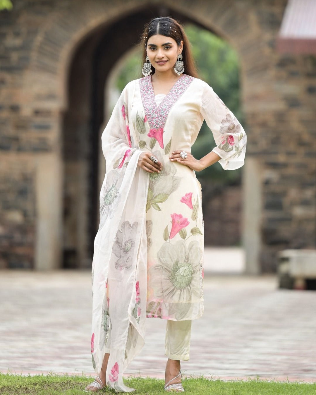 Women's Georgette Embroidered Kurta with Roman Silk Pant And Georgette Dupatta Sets