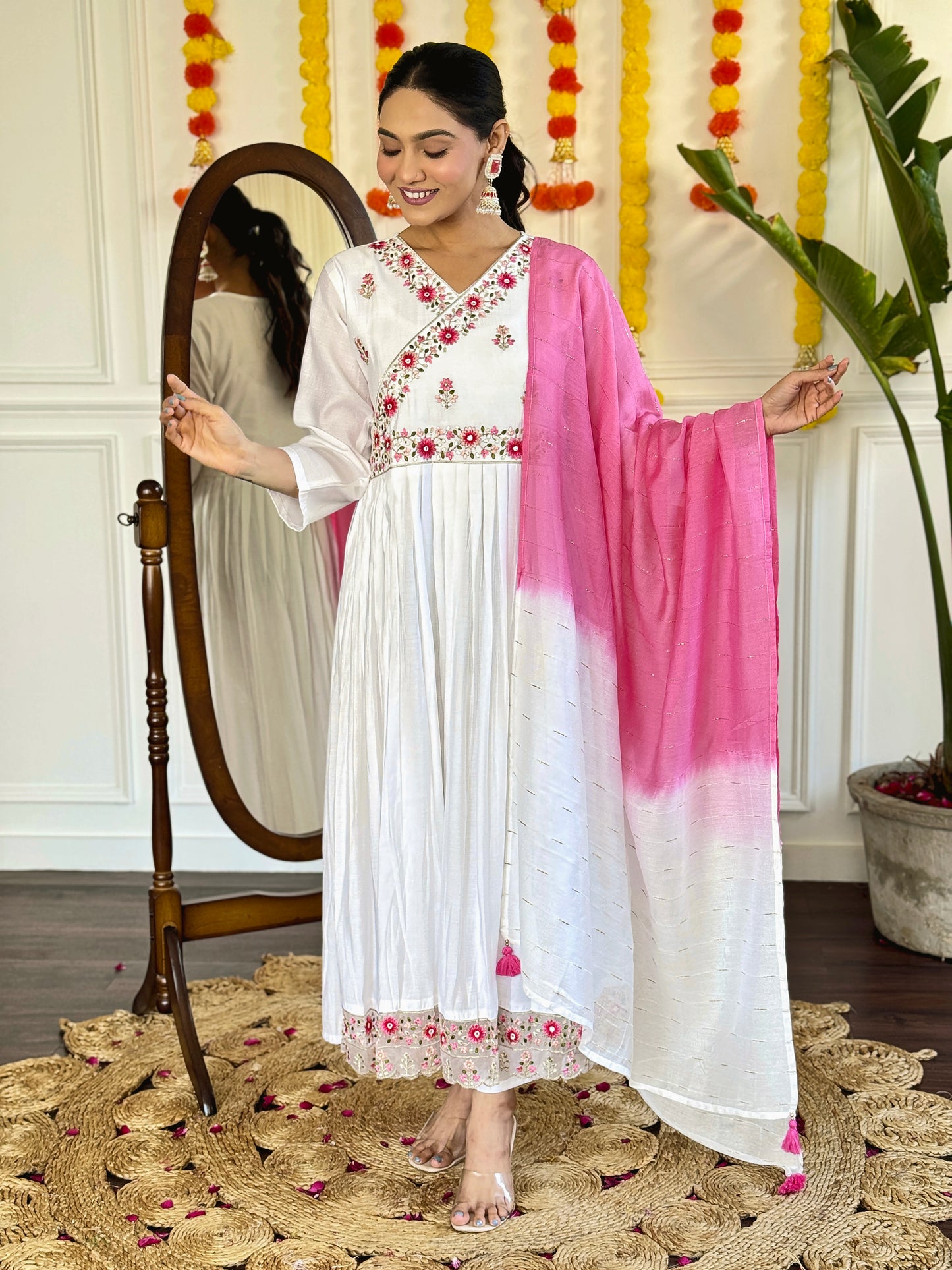 Women Viscose Organza Kurta With Viscose Pant And Jacquard Dupata Set