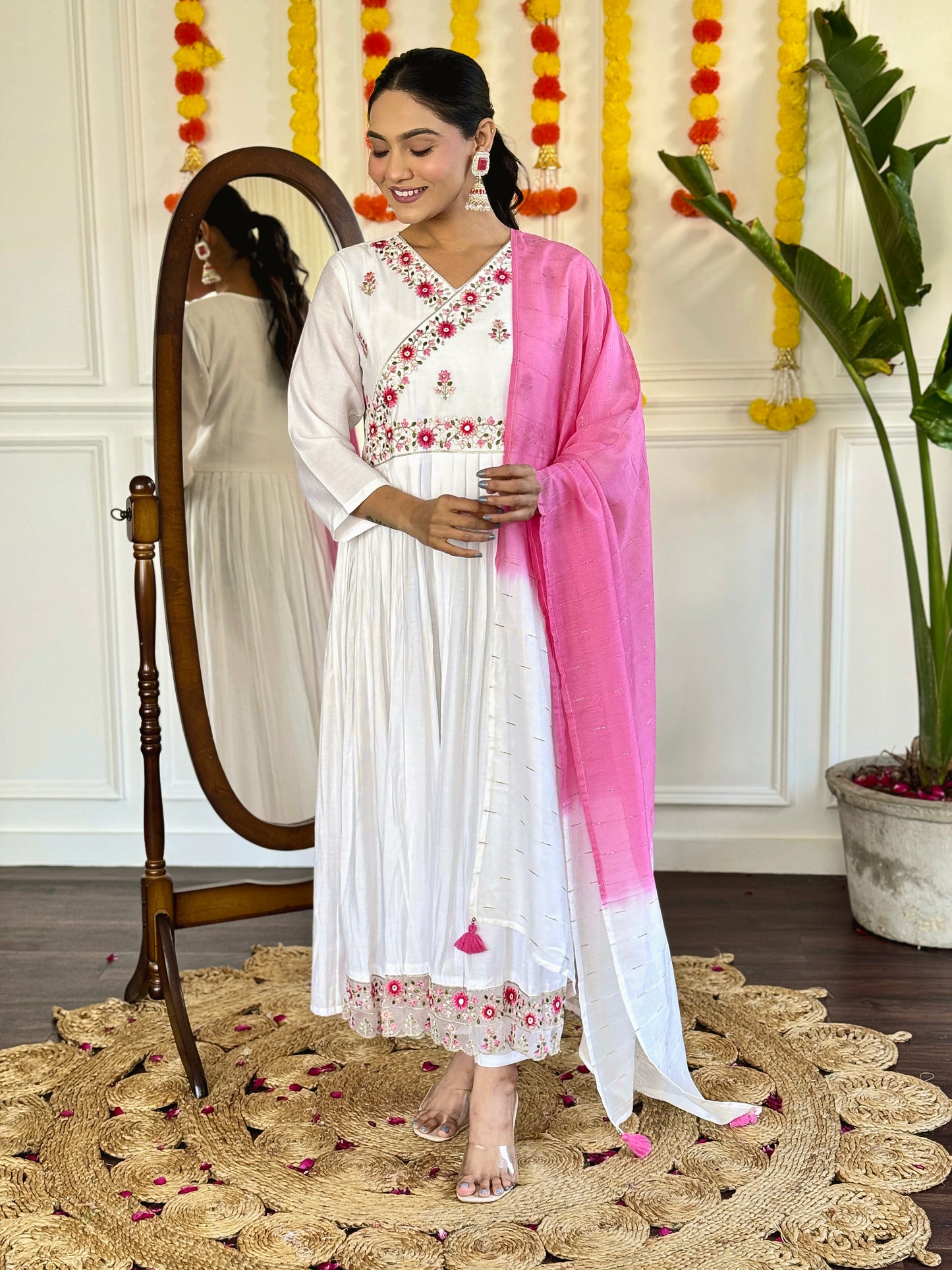 Women Viscose Organza Kurta With Viscose Pant And Jacquard Dupata Set