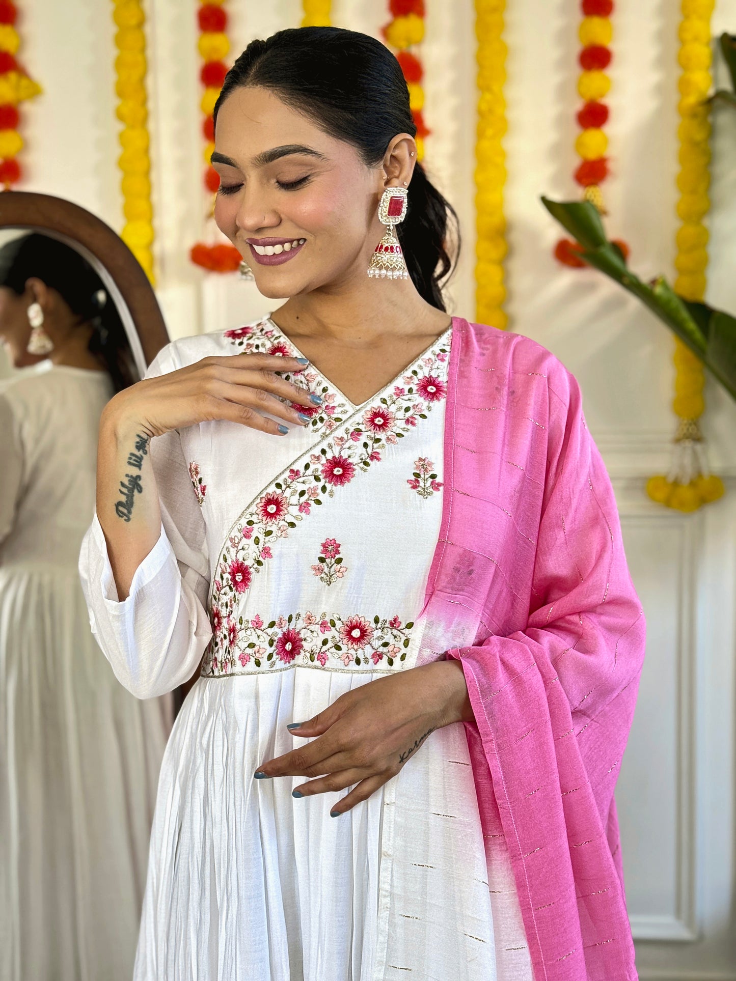 Women Viscose Organza Kurta With Viscose Pant And Jacquard Dupata Set