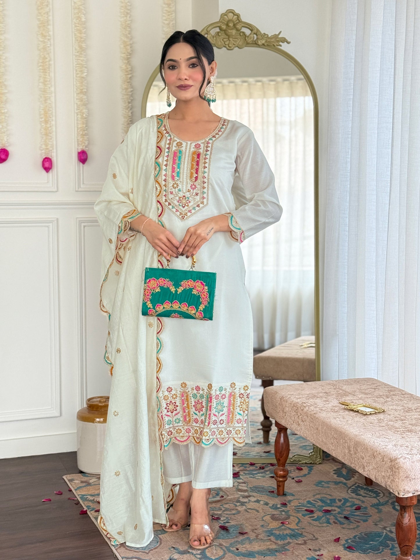 Women Viscose Chanderi Kurta With Viscose Chanderi Pant And Heavy Chanderi Dupata Set-Minimum Qty -10 Pic