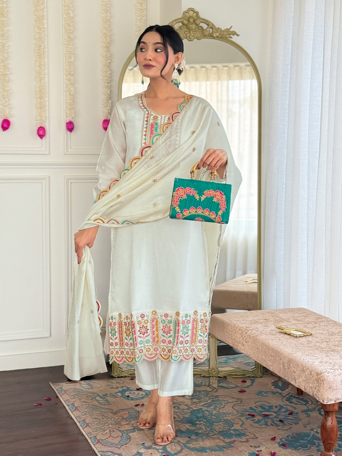 Women Viscose Chanderi Kurta With Viscose Chanderi Pant And Heavy Chanderi Dupata Set-Minimum Qty -10 Pic
